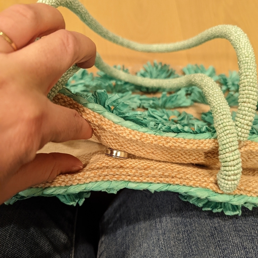 Floral Teal Taffeta and Beadwork Tote Bag - Picture 4 of 8